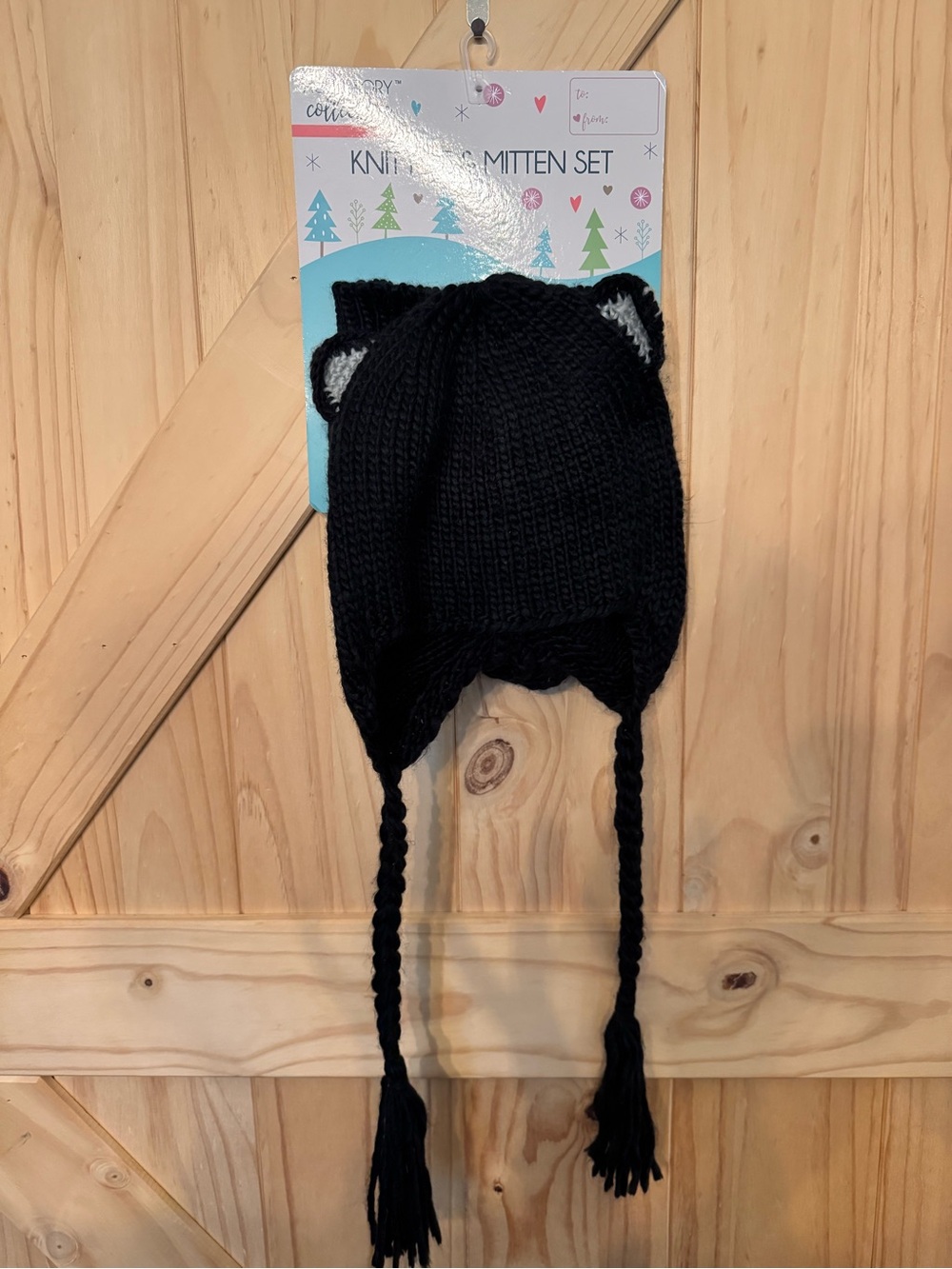 Target Black Knit Cat Ear Earflap Hat with Matching Mittens